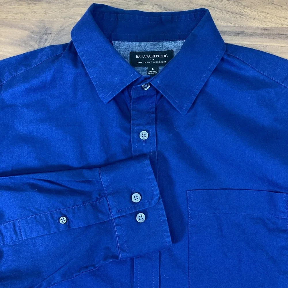 Banana Republic Mens Blue Stretch Soft Wash Slim Fit Button Dn Cotton Shirt Sz L